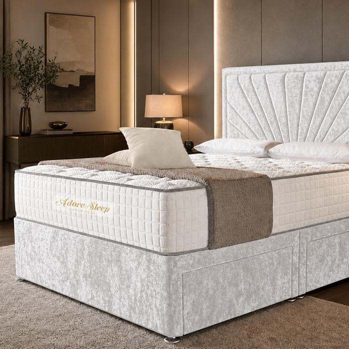 Crushed Velvet White - Aurelia Luxury Sunburst Divan Bed – Designer Upholstered Bed Frame