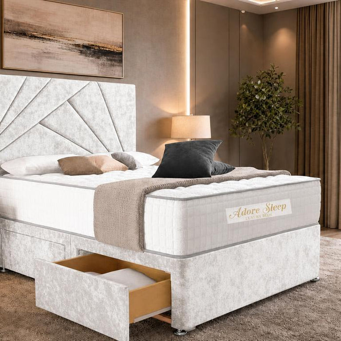 Crushed Velvet White - Aurelia Geometric Luxe Divan Bed with Statement Panelled Headboard & Storage