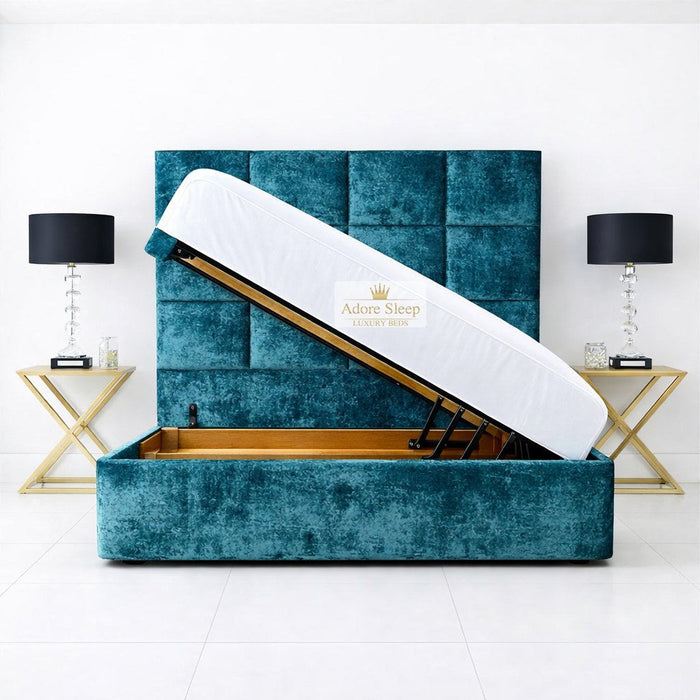 Crushed Velvet Teal - Kensington Royale Luxury Ottoman Divan Storage Bed Frame – Premium Panelled Headboard