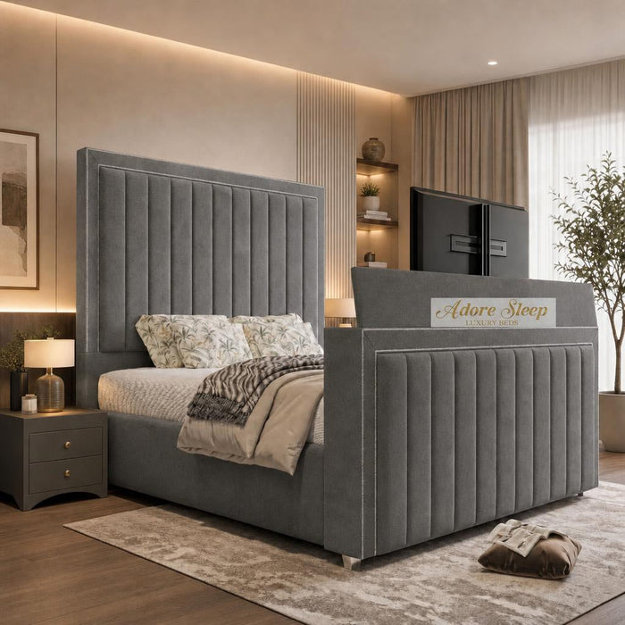 Naples Slate Grey - Savoy Luxury Piped Panel TV Bed – Designer Upholstered Bed Frame with Integrated TV Footboard