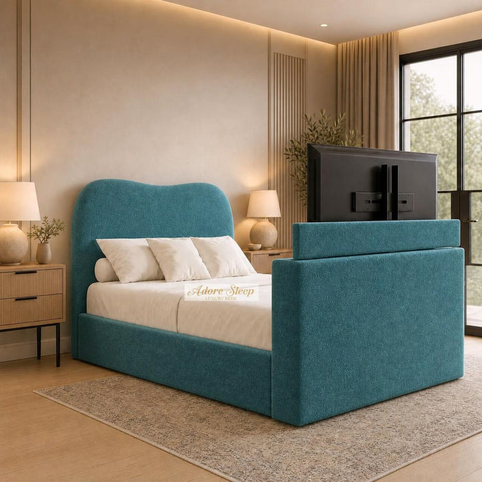 Plush Velvet Teal - Serene Luxury Curved TV Bed – Designer Upholstered Bed Frame with Integrated TV Footboard