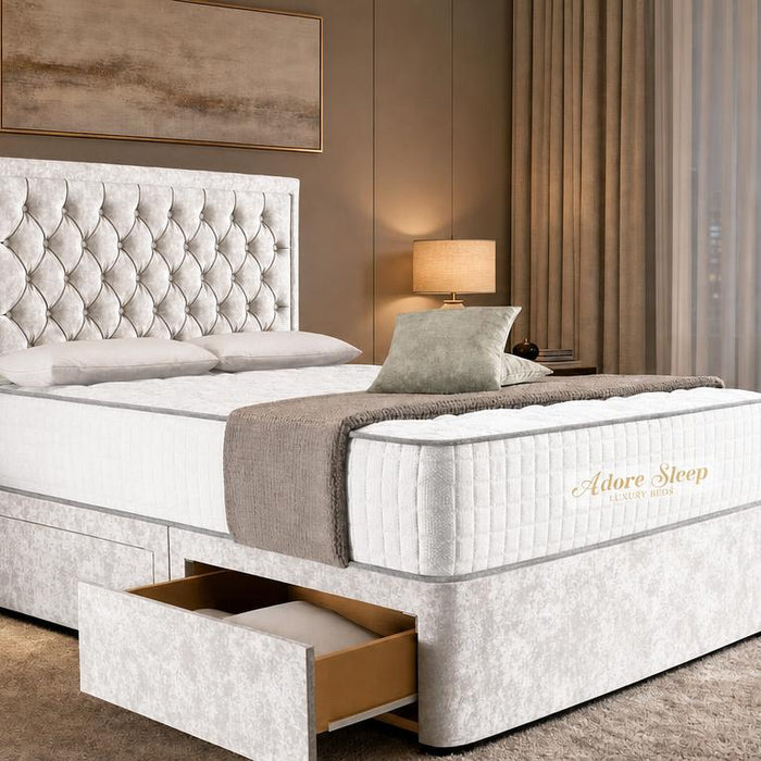 Crushed Velvet White - Regency Chesterfield Luxe Divan Bed with Storage – Deep Buttoned Upholstered Bed Frame
