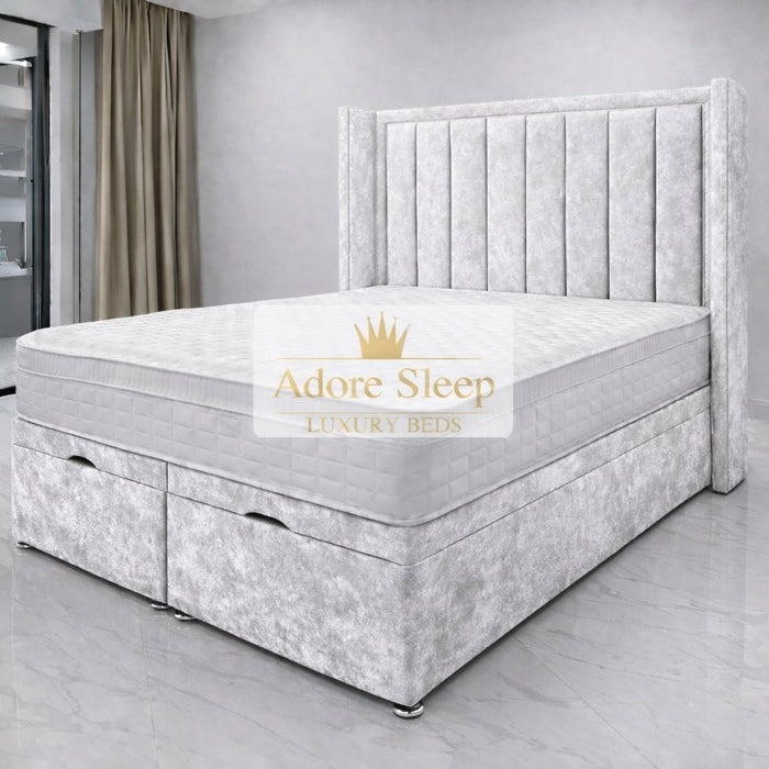 Crushed Velvet White - Grand Elysee Luxury Panelled Upholstered Bed Frame with Divan Ottoman Storage