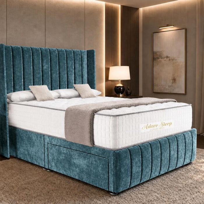 Crushed Velvet Teal - Valentina Vertical Luxe Divan Bed – Channelled Statement Headboard & Storage