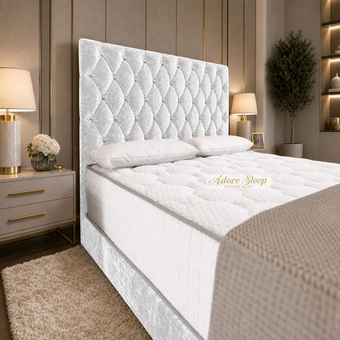 Crushed Velvet White - Regency Diamond Luxury Divan Bed – Deep Button-Tufted Headboard with Premium Upholstered Frame & Storage