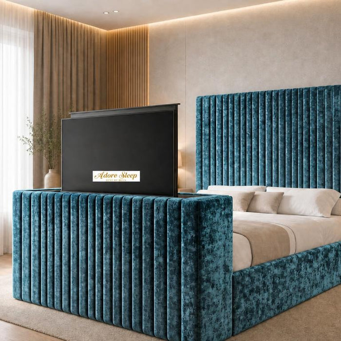 Crushed Velvet Teal - Montreux Luxury Fluted TV Bed – Premium Upholstered Bed Frame with Integrated TV Footboard