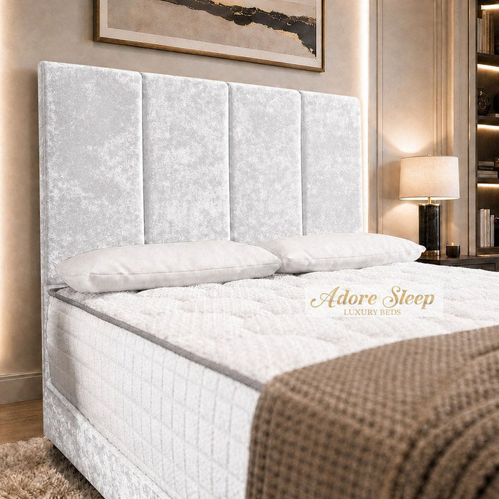 Crushed Velvet White - Kensington Grande Luxury Divan Bed – Premium Upholstered Bed Frame with Tall Vertical Panel Headboard