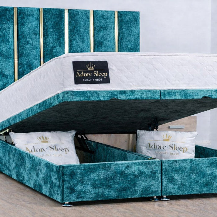 Crushed Velvet Teal - Verona Luxe Ottoman Divan Storage Bed Frame – Luxury Upholstered Bed with Lift-Up Storage