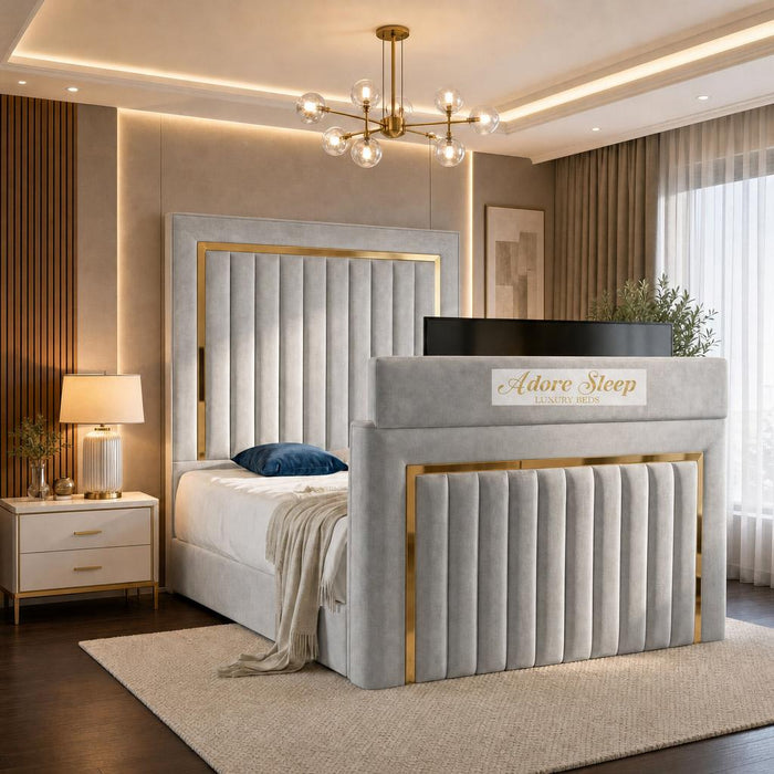 Naples Silver - Kensington Luxury TV Bed – Upholstered Bed Frame with Statement Panel Headboard & TV Footboard