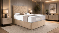 Plush Velvet Beige - Aurelia Geometric Luxe Divan Bed with Statement Panelled Headboard & Storage