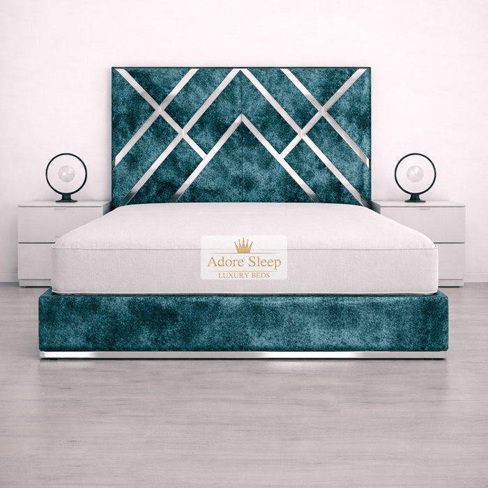Crushed Velvet Teal - Regal Diamond Luxury Panel Bed Frame with Silver Strip – Upholstered