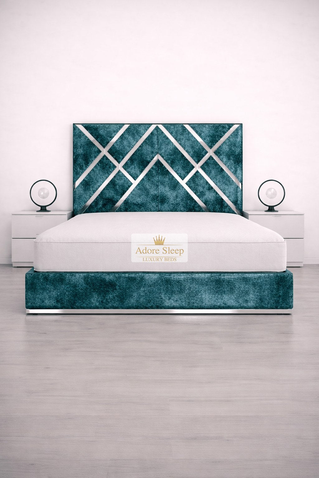 Crushed Velvet Teal - Regal Diamond Luxury Panel Bed Frame with Silver Strip – Upholstered