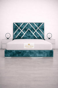 Crushed Velvet Teal - Regal Diamond Luxury Panel Bed Frame with Silver Strip – Upholstered