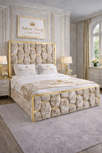 Crushed Velvet Champagne - Sovereign Geometric Upholstered Designer Bed | Luxury Gold Trim Bed Frame