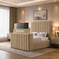 Plush Velvet Beige - Mayfair Luxury Channelled TV Bed – Premium Upholstered Bed Frame with Integrated TV Footboard