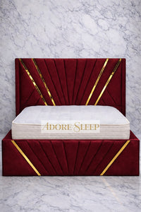 Plush Velvet Maroon - Bat Luxury Panel Bed Frame with Gold Strip – Upholstered