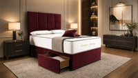 Plush Velvet Maroon - Kensington Grande Luxury Divan Bed – Premium Upholstered Bed Frame with Tall Vertical Panel Headboard