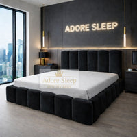 Plush Velvet Black - Savoy Aurelia Luxury Upholstered Bed Frame – Sculpted Panel Statement Bed