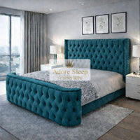 Plush Velvet Teal - Celestine Grandeur Luxury Upholstered Bed – Deep Button Tufted Headboard & Curved Statement Footboard