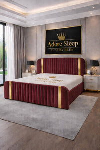 Plush Velvet Mahroon - Spencer Luxury Curved Fluted Bed Frame with Gold Strip – Upholstered