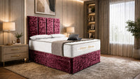 Crushed Velvet Aubergine - Kensington Grande Luxury Divan Bed – Premium Upholstered Bed Frame with Tall Vertical Panel Headboard