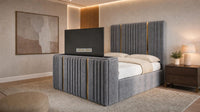 Plush Velvet Grey - Kensington Luxury Fluted TV Bed with Metallic Accents – Premium Upholstered TV Bed Frame