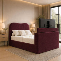 Plush Velvet Maroon - Serene Luxury Curved TV Bed – Designer Upholstered Bed Frame with Integrated TV Footboard