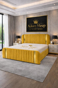 Plush Velvet Mustard Gold - Spencer Luxury Curved Fluted Bed Frame with Gold Strip – Upholstered