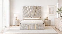 Crushed Velvet Champagne - Monaco V-Line Luxury Geometric Ottoman Storage Bed