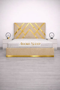 Naples Sand - Regalia Noir Luxury Upholstered Bed – Geometric Designer Headboard with Metallic Accent Detailing