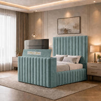Plush Velvet Duck Egg - Mayfair Luxury Channelled TV Bed – Premium Upholstered Bed Frame with Integrated TV Footboard