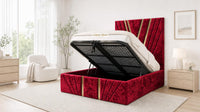 Crushed Velvet Red - Monaco V-Line Luxury Geometric Ottoman Storage Bed