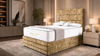 Crushed Velvet Gold - Monaco Luxe Luxury Divan Bed – Premium Upholstered Panelled Headboard with Storage
