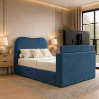 Naples Blue - Serene Luxury Curved TV Bed – Designer Upholstered Bed Frame with Integrated TV Footboard