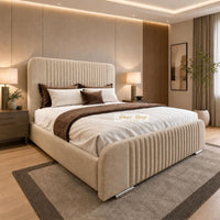 Naples Sand - Beaumont Luxury Fluted Wing Bed – Designer Upholstered Bed Frame with Statement Headboard & Footboard
