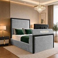 Plush Velvet Silver - Claridge Luxury Framed TV Bed – Premium Upholstered Bed Frame with Integrated TV Footboard