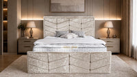 Crushed Velvet Champagne - Valentina Luxury Chevron Panel Bed – Designer Upholstered Bed Frame with Statement Headboard & Footboard