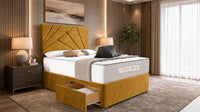 Plush Velvet Mustard Gold - Aurelia Geometric Luxe Divan Bed with Statement Panelled Headboard & Storage