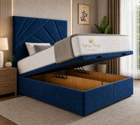Plush Velvet Sapphire - Meridian Abstract Geometry Ottoman Divan Bed | Luxury Hydraulic Storage Bed Frame