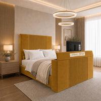 Plush Velvet Mustard Gold - Knightsbridge Luxury Fluted TV Bed – Designer Upholstered Bed Frame with Integrated TV Footboard