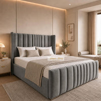 Plush Velvet Steel - Grosvenor Luxury Winged Panel Bed – Designer Upholstered Bed Frame with Statement Headboard & Footboard