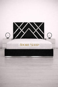 Plush Velvet Black - Regal Diamond Luxury Panel Bed Frame with Silver Strip – Upholstered