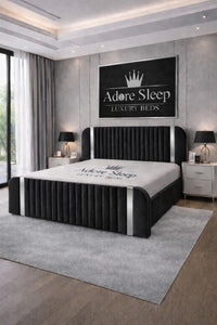 Plush Velvet Black - Spencer Luxury Curved Fluted Bed Frame with Gold Strip – Upholstered