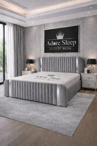 Plush Velvet Grey - Spencer Luxury Curved Fluted Bed Frame with Gold Strip – Upholstered