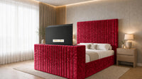 Crushed Velvet Red - Montreux Luxury Fluted TV Bed – Premium Upholstered Bed Frame with Integrated TV Footboard
