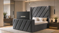 Naples Charcoal - Ascot Luxury Diagonal Panel TV Bed – Designer Upholstered Bed Frame with Integrated TV Footboard