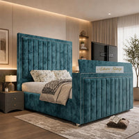 Crushed Velvet Teal - Savoy Luxury Piped Panel TV Bed – Designer Upholstered Bed Frame with Integrated TV Footboard