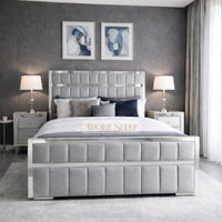 Plush Velvet Silver - Aurelius Linear Upholstered Designer Bed | Luxury Gold Frame Statement Bed