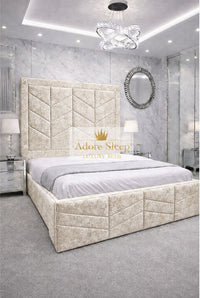 Crushed Velvet Cream - Valencia Royale Luxury Upholstered Bed – Geometric Chevron Panel Headboard & Statement Footboard