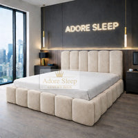 Plush Velvet Beige - Savoy Aurelia Luxury Upholstered Bed Frame – Sculpted Panel Statement Bed